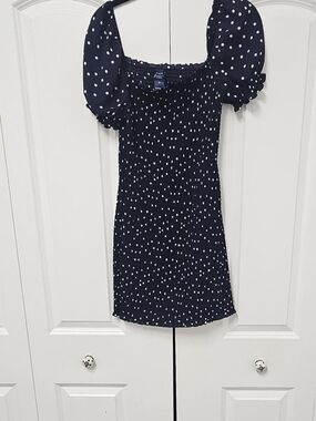 Smocked Navy Polka Dot Puff Sleeve Mini Dress (With Free A GIFT)